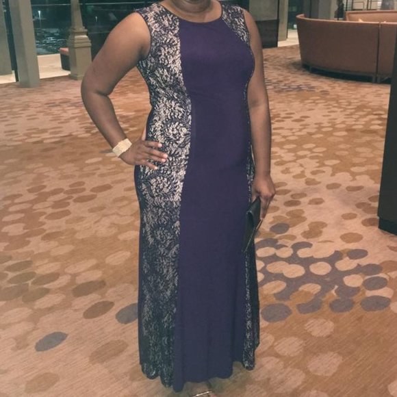 R & M Richards Purple Plum Long Embellished Illusion-Detail Gown - Picture 9 of 9